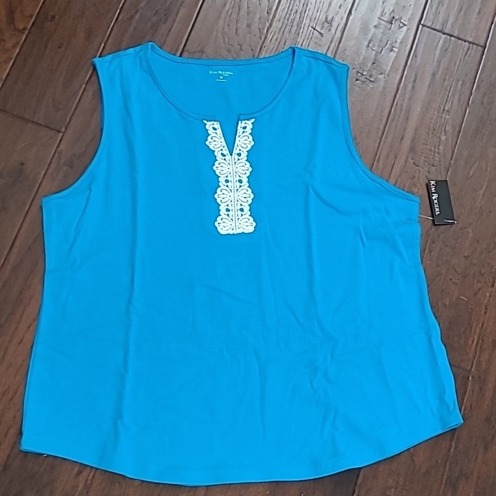 NWT Kim Roger's Teal Sleeveless Top with White Embroidery size 3X